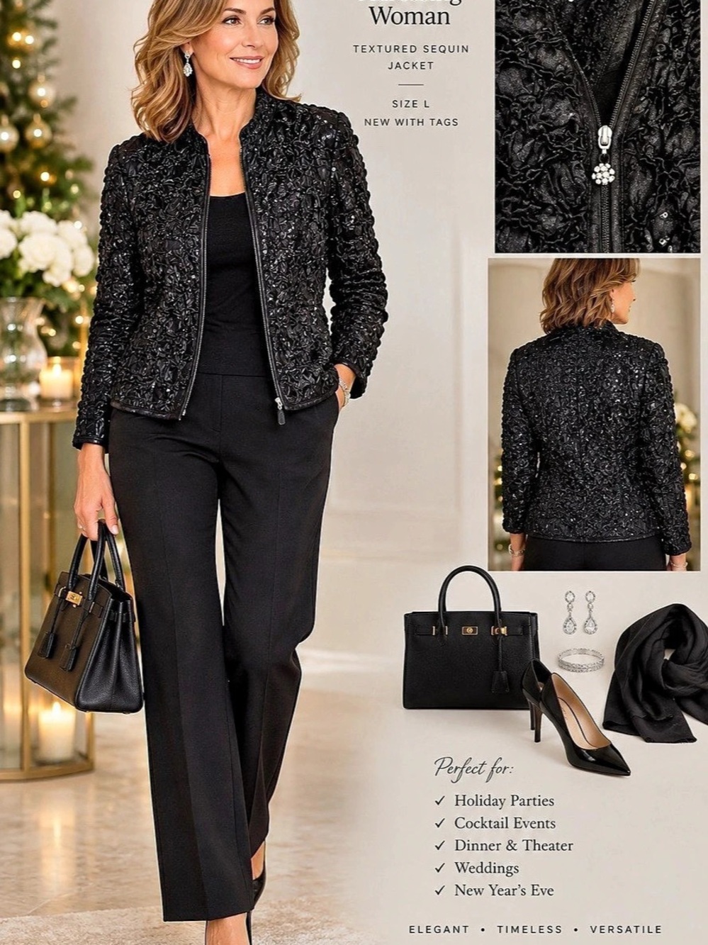 Addressing Woman Textured Sequin Jacket Black Size Large NWT